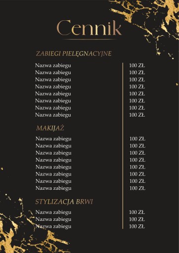 Cennik usług kosmetycznych, fryzjerskich, złocenie