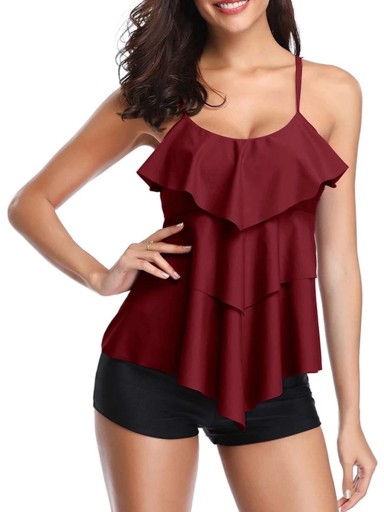 2024 Frill Swimsuit Solid Two Pieces Tankini Women
