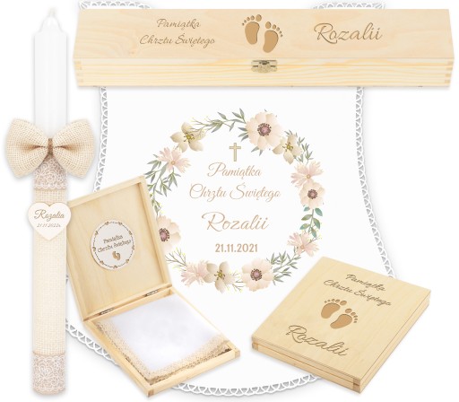 BIAŁA SZATKA I ŚWIECA DO CHRZTU 2 DREWNIANE PUDEŁKA PERSONALIZOWANE CHRZEST