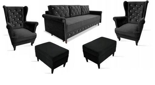 ZESTAW WYPOCZYNKOWY SOFA + 2 FOTELE PIKOWANE PODNÓŻKI SALON