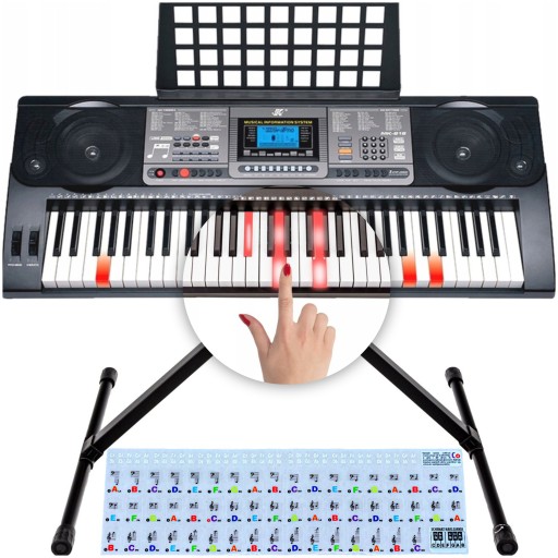 Keyboard do Nauki PODŚWIETLANE KLAWISZE STOJAK na KEYBOARD + Naklejki Nuty