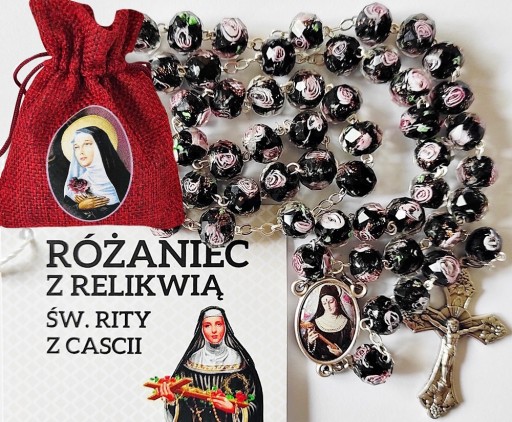 PRZEPIĘKNY RÓŻANIEC Z RELIKWIĄ ŚW. RITY Z CASCII ZE SZKŁA WENECKIEGO