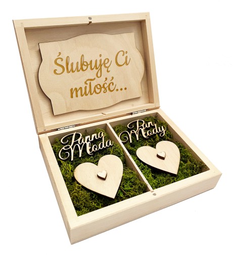 Drewniane pudełko na obrączki z personalizowanym grawerem mech ślub wesele