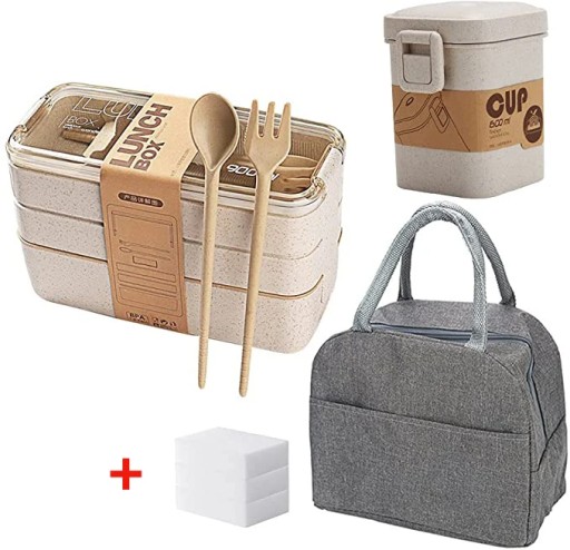3 Layer Wheat Straw Lunch Box with Bag Japanese Microwave Bento Box with