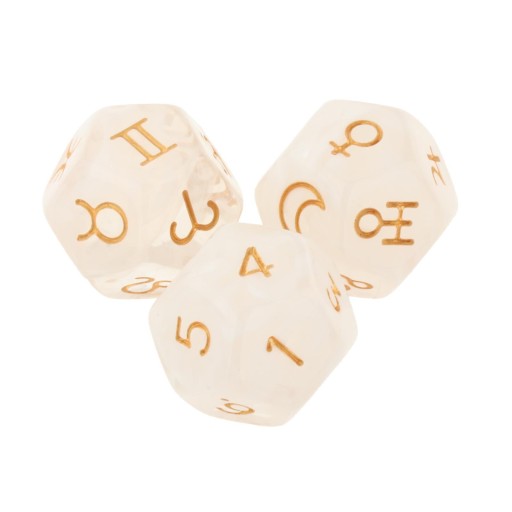 A multi-sided dice set. A board game