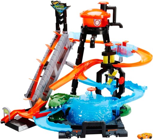 HOT WHEELS MYJNIA SAMOCHODOWA KROKODYL TOR WYŚGIOWY + SAMOCHODZIK AUTKO