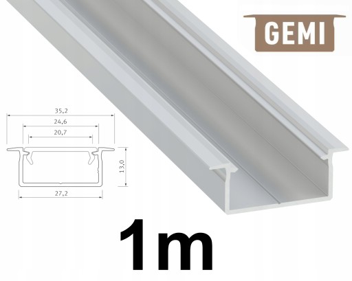 PROFIL DO TAŚM LED SZEROKI NA 2 TAŚMY LED GEMI WPUSZCZANY SREBRNY 1M