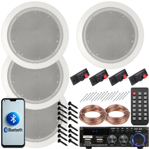 4 Głośniki Sufitowe JBL do Łazienki + Wzmacniacz z BT USB RADIO FM Pilot