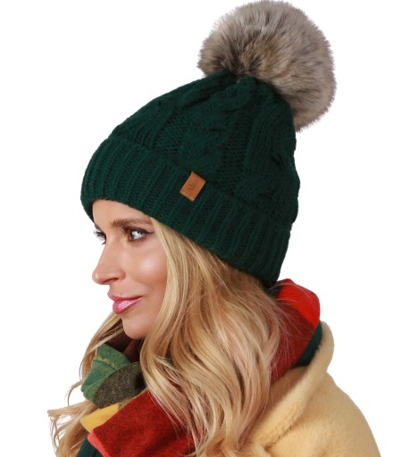 CZAPKA Zimowa Damska polar warkocz ZIELONA A6