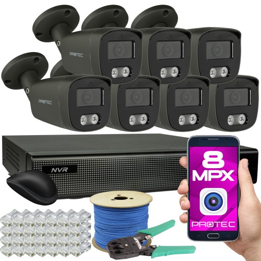 Cyfrowy monitoring bez HDD IP 7 kamer PoE 4K 8Megapikseli zewnętrzne grafit