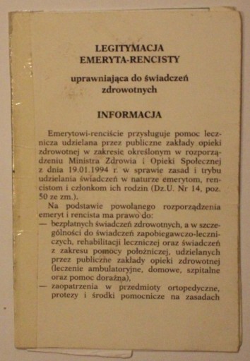 LEGITYMACJA EMERYTA - RENCISTY, WARSZAWA