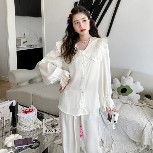 Embroidery Ruffles Princess Collar Satin Pajamas S