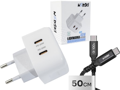 MAŁA PŁASKA SZYBKA ŁADOWARKA SIECIOWA 40W PD 2xusb -C- Z KABLEM C-C 50cm