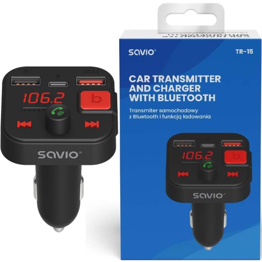 Transmiter Bluetooth 5.3 ładowarka USB QC SAVIO TR15 ODBIORNIK AUDIO FM MP3