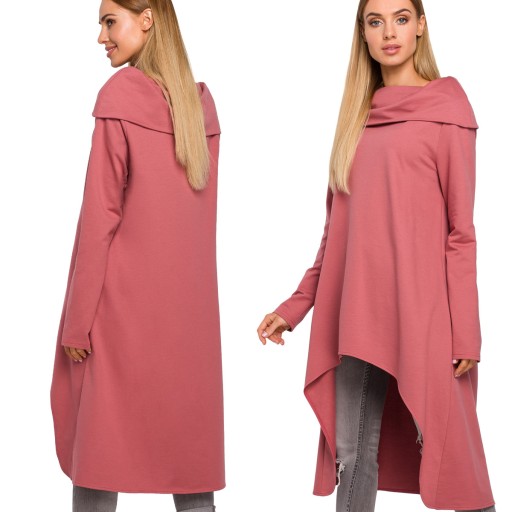 MODNA KOBIECA BLUZA CIEPŁA DŁUGA ASMETRYCZNA GŁADKA RÓŻOWA 40/42 L/XL