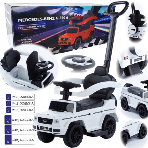 jeździk pchacz MERCEDES G skrętna rączką GUMOWE KOŁA + TABLICE IMIENNE