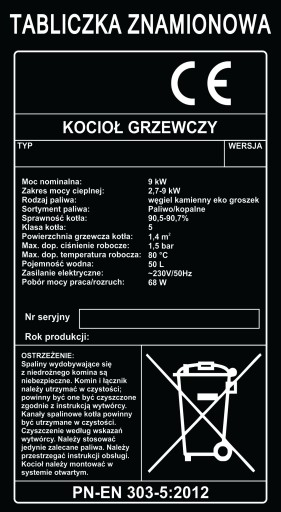 Tabliczka znamionowa na kocioł grzewczy 20 x 20 cm