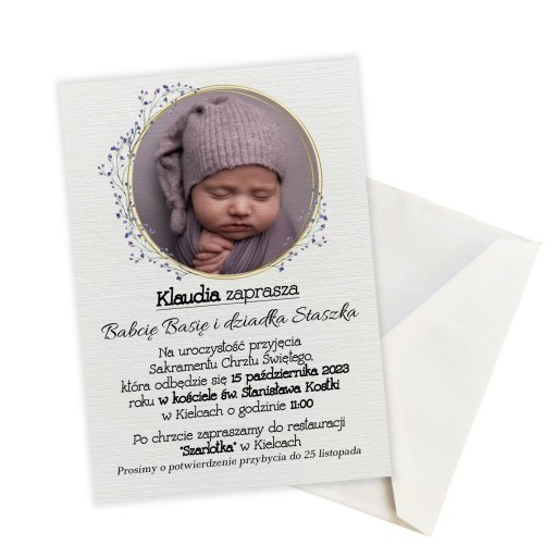 ZAPROSZENIE NA CHRZEST ŚWIĘTY ZE ZDJĘCIEM DZIECKA PERSONALIZOWANE + KOPERTA