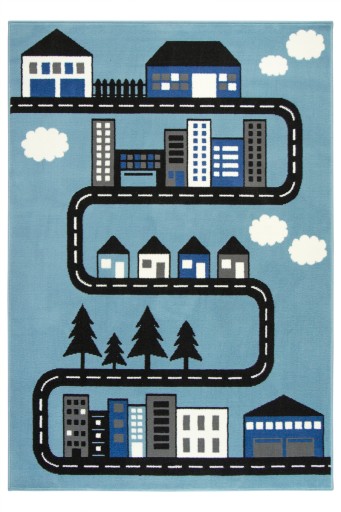 140x200 cm DYWAN DZIECIĘCY NIEBIESKI CZARNY DROGA ULICA DOMKI LUNA KIDS