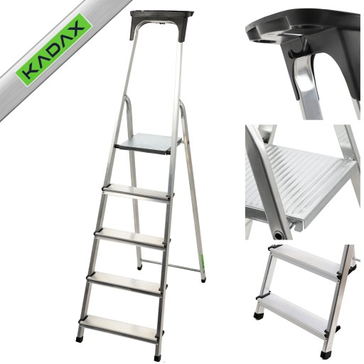DRABINA ALUMINIOWA 5 STOPNIOWA MOCNA SKŁADANA DOMOWA PÓŁKA +HAK 125kg