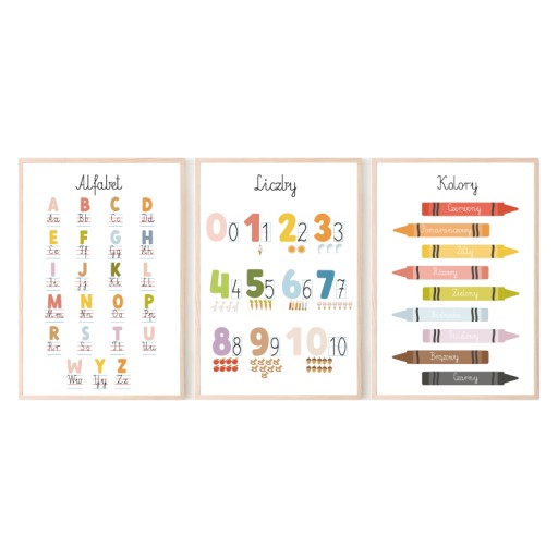 Zestaw 3 plakaty 70x50 MONTESSORI Edukacyjne Alfabet Liczby Różne wzory