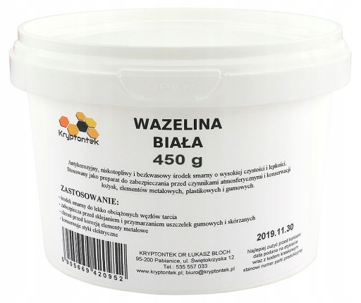 WAZELINA BIAŁA TECHNICZNA 450g BEZKWASOWA SMAR