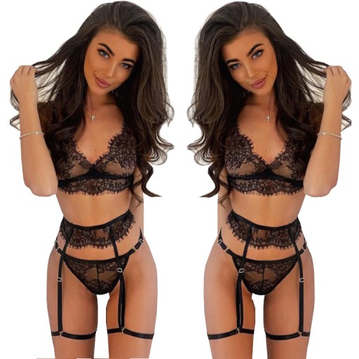 KORONKOWY KOMPLET SEKSOWNA BIELIZNA DAMSKA KORONKA SEXY STANIK + FIGI + PAS