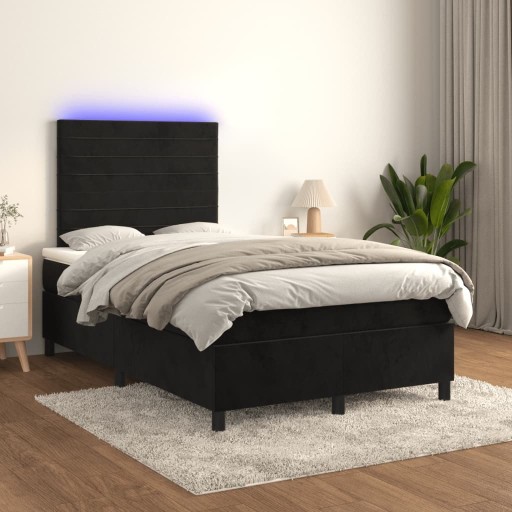 ŁÓŻKO KONTYNENTALNE Z MATERACEM I LED CZARNY AKSAMIT 120X200CM