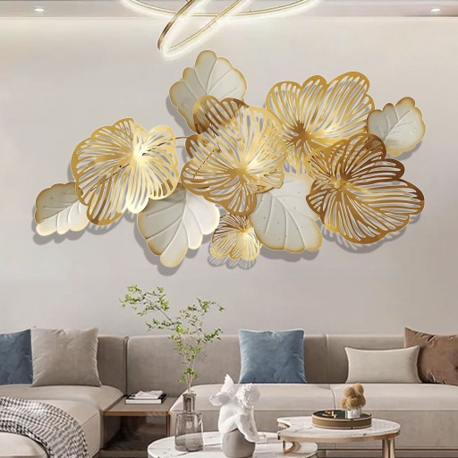 Duża dekoracja ścienna z metalowym liściem 3D, 132x72cm