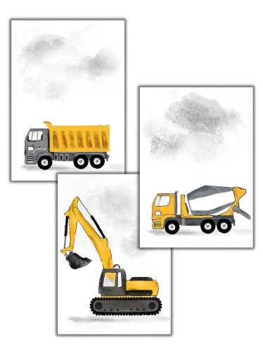 3 szt wywrotka koparka betoniarka auto plakat dla chłopca a3