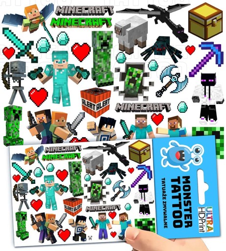 TATUAŻE ZMYWALNE TYMCZASOWE DLA DZIECI DZIECIĘCE MINECRAFT WZORY ORYGINALNE