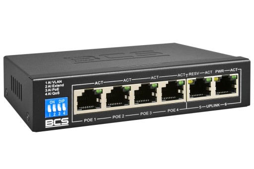 BCS-B-SP0402 SWITCH POE 6 PORTOWY 4X POE 2X LAN 60W DO KAMER IP BCS BASIC