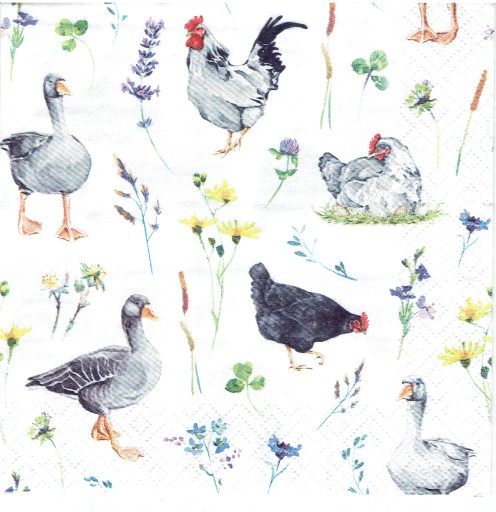 Serwetka decoupage 155C Wielkanoc kury koguty gęsi kwiaty 1 sztuka