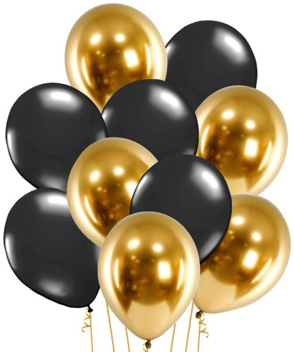 BALONY CZARNE I ZŁOTE CHROMOWANE 30CM MIX URODZINY KARNAWAŁ-10 SZTUK-7420