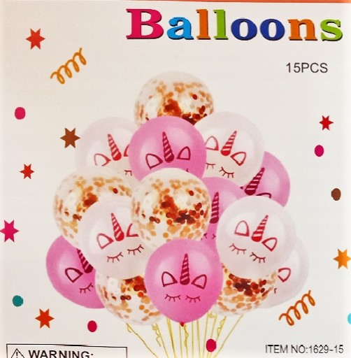 ZESTAW BALONÓWx15 JEDNOROŻEC+BALONY Z KONFETTI