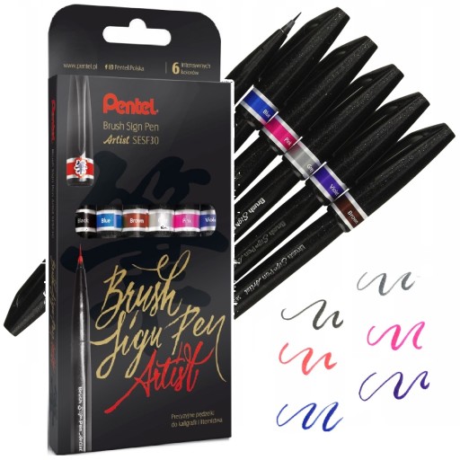 Pisaki pędzelkowe do kaligrafii ZESTAW Pentel Brush Pen Sign 6 kolorów