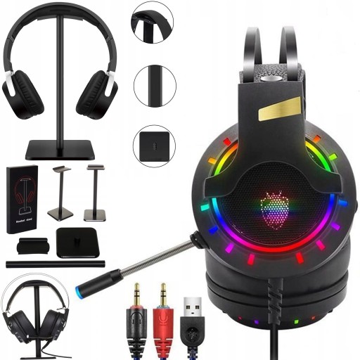 SŁUCHAWKI GAMINGOWE GRACZY RGB LED + STOJAK UCHWYT