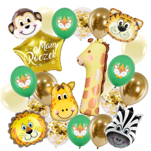 Balony na roczek dekoracje ozdoby roczkowe cyfry zwierzątka safari boho