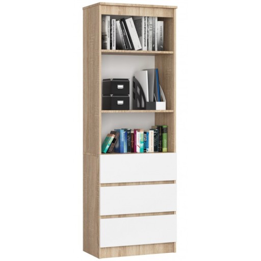 Regał stojący 60 cm do biura 3 szuflady 3 półki wąski Dąb Sonoma Biały