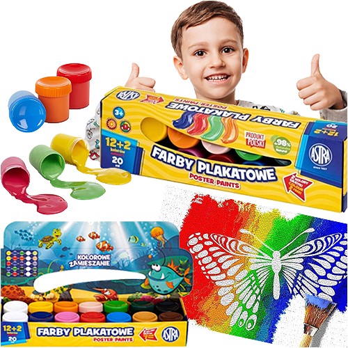 FARBY PLAKATOWE ASTRA SZKOLNE 12 + 2 INTENSYWNYCH KOLORÓW x 20 ml ASTRA