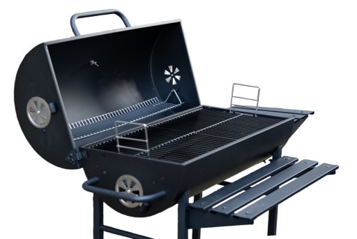 GRILL WĘGLOWY OGRODOWY 2 RUSZTY NIERDZEWNE 2 PÓŁKI BECZKA TERMOMETR STAL