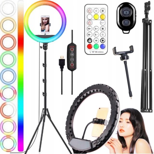LAMPA PIERŚCIENIOWA LED RGB 30CM FUNKCJĄ ZMIANY TEMPERATURY ŚWIATŁA STATYW
