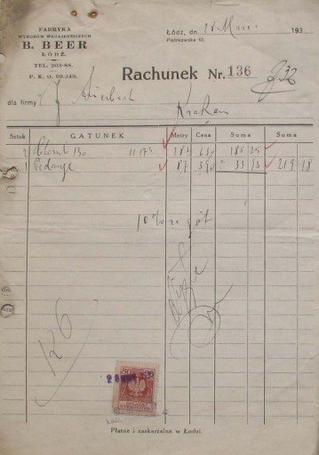 Fabryka Wyrobów Włókienniczych B. Beer – ŁÓDŹ – 1932 RACHUNEK