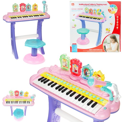 PIANINKO KEYBOARD DLA DZIECI Z TABORETEM i MIKROFONEM MUZYKA ŚWIECI PIOSENK