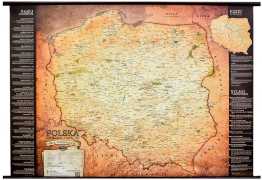 POLSKA MAPA ŚCIENNA TURYSTYCZNA DREWNIANE PÓŁWAŁKI