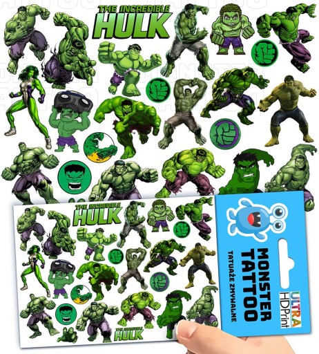 TATUAŻE ZMYWALNE TYMCZASOWE DLA DZIECI DZIECIĘCE HULK WZORY ORYGINALNE