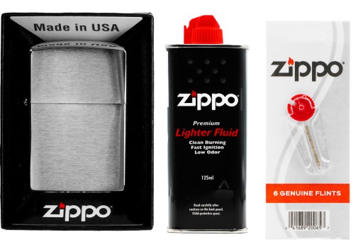 ZESTAW ZIPPO ZAPALNICZKA BRUSHED CHROME+BENZYNA+KAMIENIE*