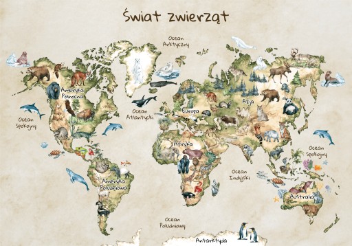 Plakat mapa świata dla dzieci ze zwierzętami 30x40