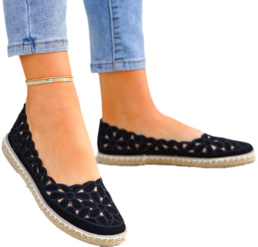 Czarne Ażurowe Baleriny Mokasyny Espadryle Flower8