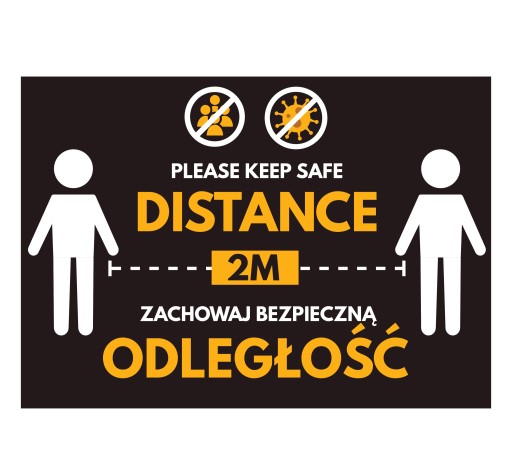 Naklejka informacyjna ZACHOWAJ ODLEGŁOŚĆ dwujęzycz